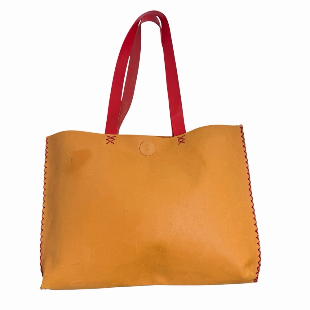 Leather Tote Handmade Bag Tan Red Whipstitch Boho Western Shoulder Purse